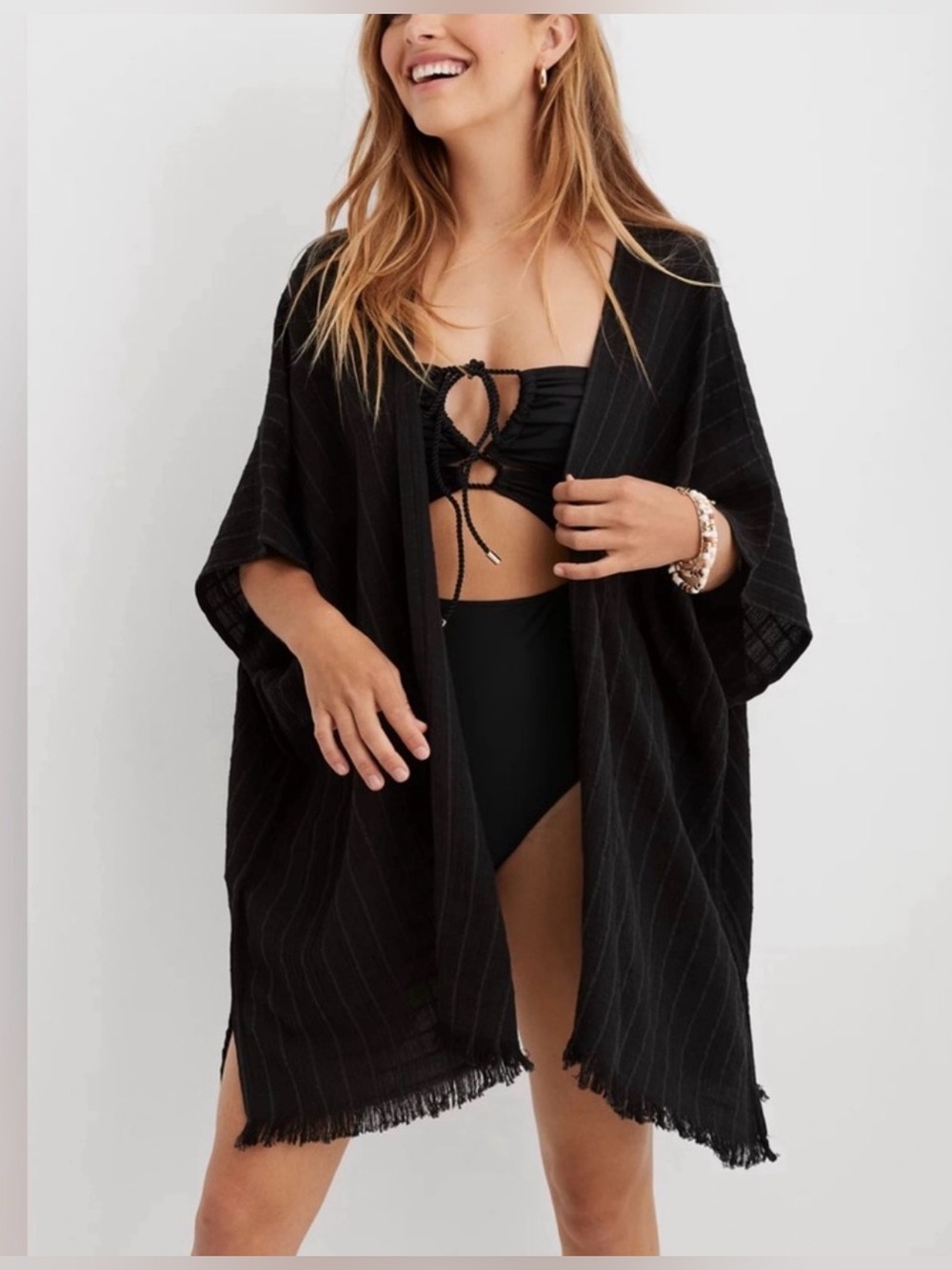 aerie Black Fringe Cover-Up Kimono